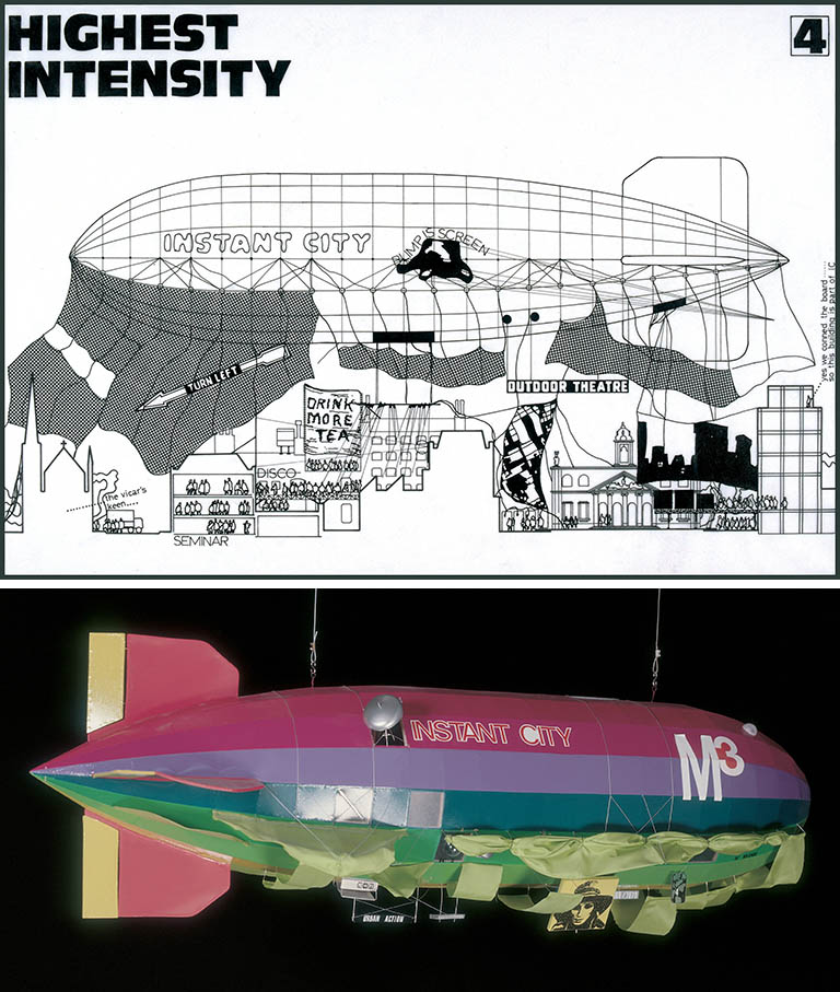 Illustrations du projet Instant City, Highest Intensity de Peter Cook (Archigram), 1969